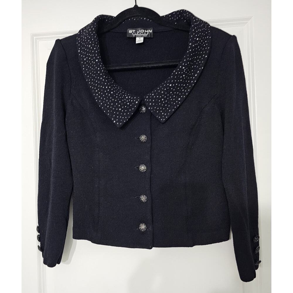 St John Evening Jacket Womens 6 Black Knit Rhinestone Collar USA Formal